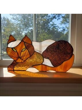 Vintage Stained Glass Cat Sculpture Window Studio Art-Amber White Feline-Shelf